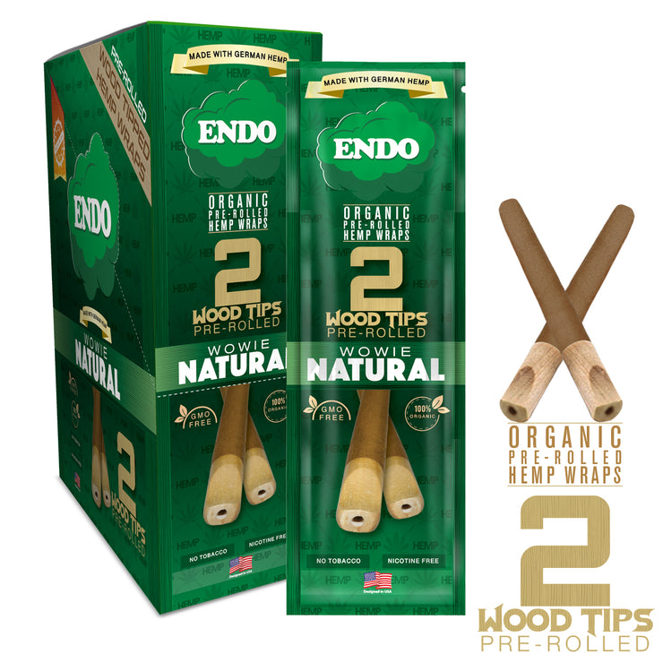 ENDO HEMP WRAPS PRE-ROLLED W/ WOOD TIPS -WOWIE NATURAL- 15CT DSP